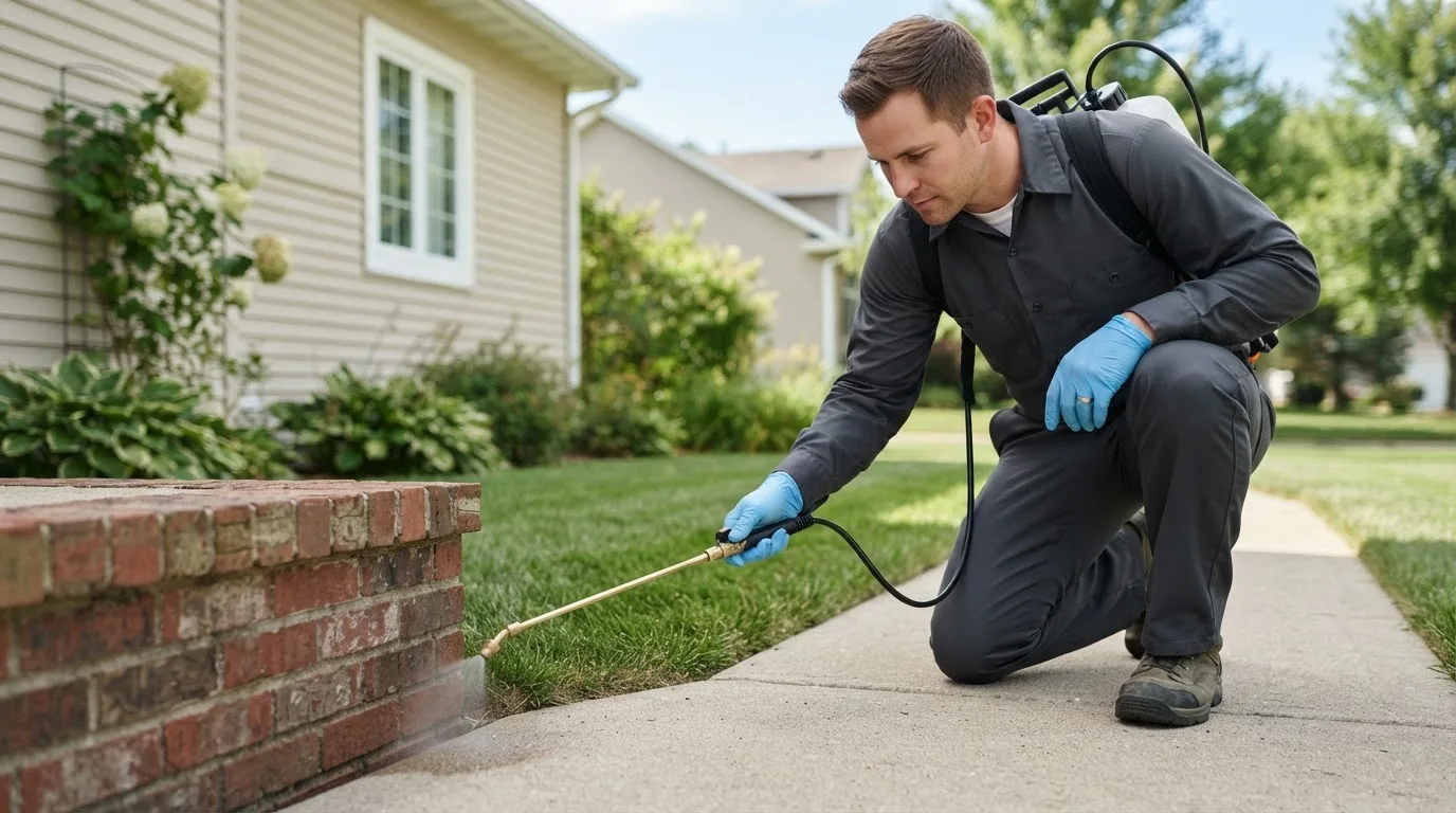 Pest control technician treating a home near Hudson, IA
