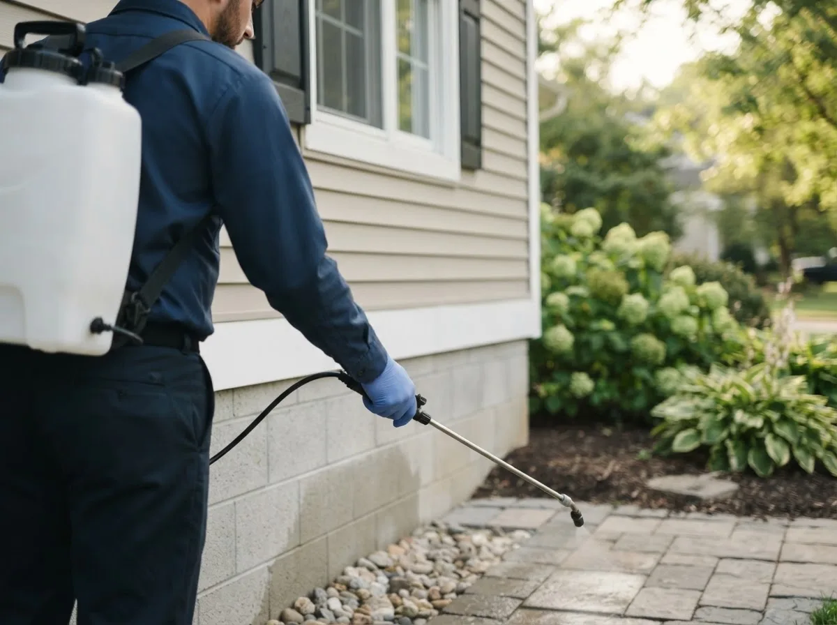 Pest control technician inspecting a home in Hudson, IA
